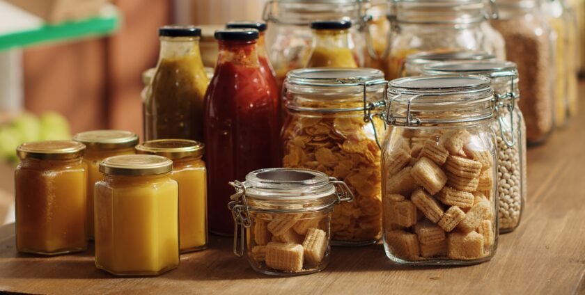 Organized pantry shelves with jars of sauces, cereals, and snacks, showcasing how thoughtful storage can create a neat and functional kitchen space.